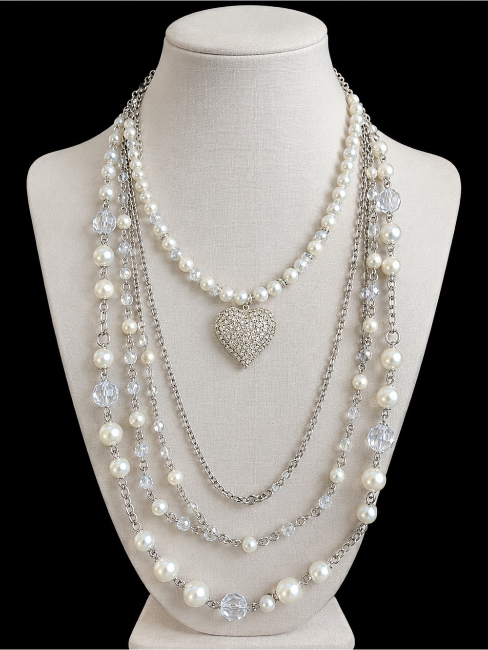 White Pearl Multi-Strand Necklace with Crystal Heart Pendant
